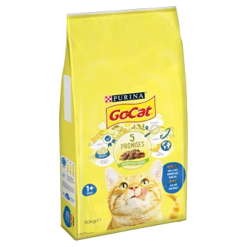 Yellow bag of Purina GoCat cat food, 10kg, featuring a playful cat on the front, labeled "5 Promises" and "No artificial colours."