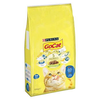 Yellow bag of Purina GoCat cat food, 10kg, featuring a playful cat on the front, labeled "5 Promises" and "No artificial colours."