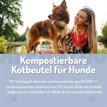 Zylindrischer "pupsäckchen" Behälter von Alphazoo, mit einem Kot-Icon, das umweltfreundliche, kompostierbare Verpackung ohne Kernrollen zeigt.