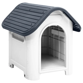 Plastik-Hundehütte mit einem geneigten dunkelgrauen Dach und weißen Wänden, mit einer offenen Vorderseite und Belüftungslöchern an den Seiten.