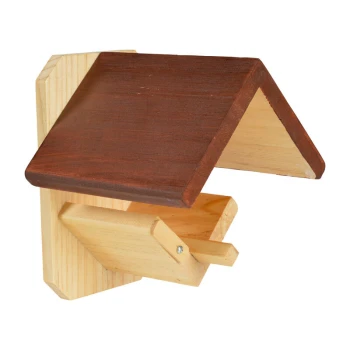 Wooden pet house shelf with a brown slanted roof and a small pull-out drawer, designed for small animals.