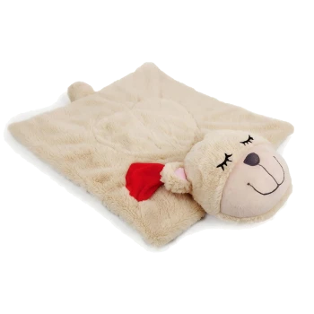 Beige Kunstfell-Haustiermatte mit angenähtem schlafendem Bärenkopf, der einen roten Schal trägt.