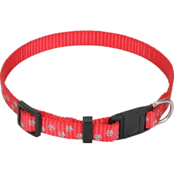 Roter Haustierhalsband mit Pfotenabdruckdesign, ausgestattet mit einer schwarzen Schnalle und einem metallenen D-Ring zur Leinenbefestigung.