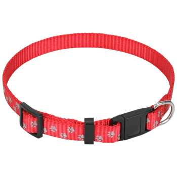 Roter Haustierhalsband mit Pfotenabdruckdesign, ausgestattet mit einer schwarzen Schnalle und einem metallenen D-Ring zur Leinenbefestigung.