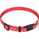 Red pet collar with paw print design, featuring a black buckle and metal D-ring for leash attachment.