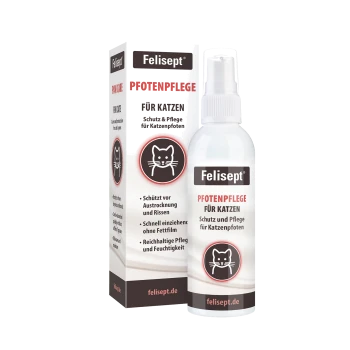 Felisept-Pfotenpflegespray und -packung mit der Aufschrift 'Pfotenpflege für Katzen', Katzenlogo und Website felisept.de