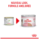 Deux boîtes de nourriture pour animaux Royal Canin : "Pediatric Weaning" pour les chatons et "Mother & Babycat" pour 1-4 mois. Texte : "NOUVEAU LOOK, FORMULE AMELIORÉE."