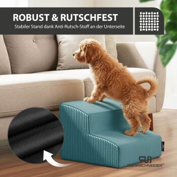 Kleiner brauner Welpe klettert auf petrolfarbene, zweistufige Haustierstufen neben einem Sofa; Einsatz zeigt die schwarze Anti-Rutsch-Unterseite und den Text 'ROBUST & RUTSCHFEST'.