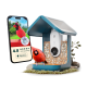 Ein lebendiger roter Kardinal sitzt auf einem Vogelhaus mit einer Kamera, neben einem Smartphone, das eine 4,8-Sterne-Bewertung und "NEUE" Funktionen anzeigt.