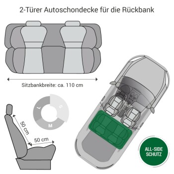 Illustration einer Rücksitzbezug für ein zweitoriges Auto, die Abmessungen (110 cm Breite, 50 cm Höhe) und das Etikett "All-Side Schutz" zeigt.