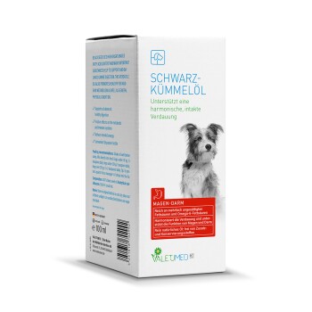 Verpackung von Schwarzkümmelöl mit einem Hundebild, beschriftet mit "SCHWARZKÜMMELÖL," das eine gesunde Verdauung und einen ausgewogenen Stoffwechsel fördert.