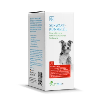 Verpackung von Schwarzkümmelöl mit einem Hundebild, beschriftet mit "SCHWARZKÜMMELÖL," das eine gesunde Verdauung und einen ausgewogenen Stoffwechsel fördert.