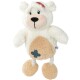 A soft, plush bear toy with a white body, beige belly, and rope legs, featuring a ladybug on its head and a blue patch with polka dots.
