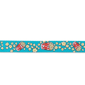 Blaues Haustierhalsband mit rotem und weißem Popcorn-Eimer und verstreutem Popcorn-Design.