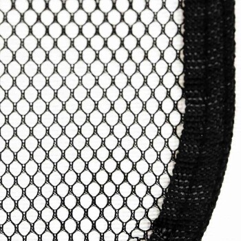 Nahaufnahme eines schwarzen Netzstoffs mit hexagonalem Muster, mit einem dicken schwarzen Rand auf einer Seite.