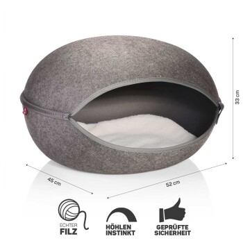 Grau gefilztes Haustierhöhlenbett mit einem Reißverschluss, 45 cm breit, 52 cm lang und 33 cm hoch, mit einem weichen weißen Innenraum.