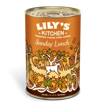 Lily's Kitchen Sunday Lunch dog food can with orange label and illustration of a dog and plants, "Chicken with all the trimmings" text.