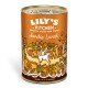Lily's Kitchen Sunday Lunch dog food can with orange label and illustration of a dog and plants, "Chicken with all the trimmings" text.