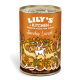 Lily's Kitchen Sunday Lunch dog food can with orange label and illustration of a dog and plants, "Chicken with all the trimmings" text.