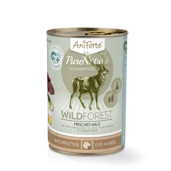Dose Aniforte PureNatura Hundefutter mit der Bezeichnung "Wildforest", die eine Hirschillustration zeigt, mit dem Text, dass es aus frischen Wildzutaten hergestellt wird.