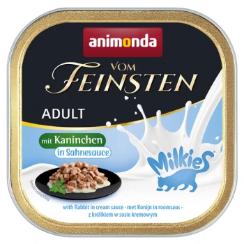 Vom Feinsten Adult Milkies 32 x 100 g Lapins, sauce à la crème Emballage de nourriture humide pour chats avec "Animonda Vom Feinsten Adult" avec du lapin dans une sauce crémeuse, et le logo "Milkies".