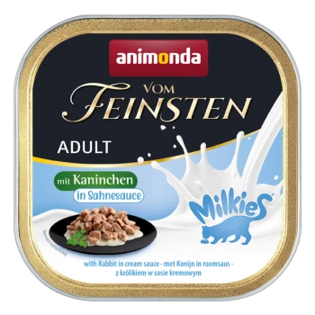 Verpackung für Nassfutter für Katzen mit "Animonda Vom Feinsten Adult" mit Kaninchen in Sahnesauce und dem "Milkies"-Logo.