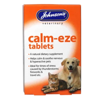 Johnson's Veterinary Calm-eze tablets packaging featuring a golden retriever and a tabby cat, with text highlighting benefits for nervous pets.