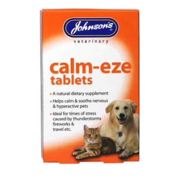 Johnson's Veterinary Calm-eze tablets packaging featuring a golden retriever and a tabby cat, with text highlighting benefits for nervous pets.