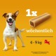 Ein glücklicher Hund neben einer Leckerei auf einem gelben Hintergrund, mit dem Text '1x wöchentlich' und '4 - 9 kg', der die Eignung für Hunde anmerkt.