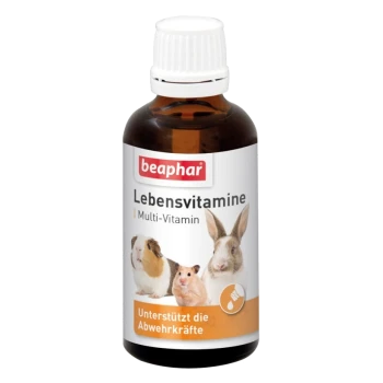 Beaphar Lebensvitamine multi-vitamine pour petits animaux, avec un cochon d'Inde, un hamster, un lapin et une souris. Texte : "Soutient l'immunité."