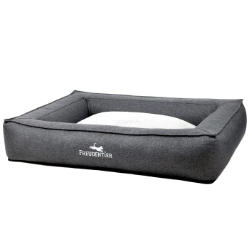 Graues rechteckiges Haustierbett mit einem weichen weißen Kissen, das das Logo 'FREUDENTIER' auf der Vorderseite trägt.