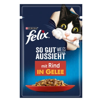 Felix kattenvoerzakje met een speelse zwart-witte kat die door de verpakking gluurt, met de tekst "So gut wie es aussieht mit Rind in Gelee."
