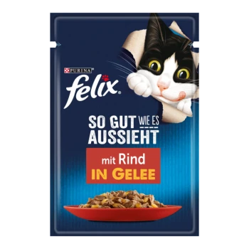 Felix Katzenfutterbeutel mit einer verspielten schwarz-weißen Katze, die durch die Verpackung schaut, mit dem Text "So gut wie es aussieht mit Rind in Gelee."