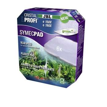 Verpackung von JBL Cristal Profi SymePad mit sechs Fleece-Pads zur Aquarienfiltration, mit Text in Deutsch und Englisch, der sauberes Wasser fördert.