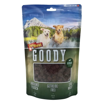 Torba karmy dla zwierząt pokazuje dwa psy pluskające się w wodzie z górami. Etykieta: "DeliBest GOODY," "Świeże mięso," "Bez zbóż," "Półwilgotne."