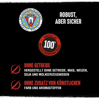 Logo de la Société Européenne de Dentisterie Vétérinaire sur fond noir, avec le texte : "Robuste, mais sûr," "Ingrédients de qualité 100%," "Sans céréales," "Sans colorants artificiels."