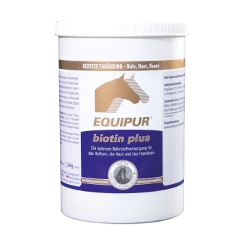 Weißer Behälter von EQUIPUR Biotin Plus für Pferde, der die Gesundheit von Hufen, Haut und Fell fördert, mit deutschem Text, der Zutaten und Vorteile beschreibt.