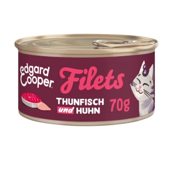 Nassfutter Katze Adult Filets Thunfisch und Huhn 24x70 g Dose Edgard Cooper Katzenfutter mit Filets von Thunfisch und Hähnchen, auf Deutsch beschriftet, mit einer verspielten Katzenillustration.