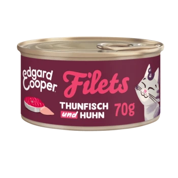 Dose Edgard Cooper Katzenfutter mit Filets von Thunfisch und Hähnchen, auf Deutsch beschriftet, mit einer verspielten Katzenillustration.