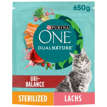 Verpackung von Purina ONE DUALNATURE Katzenfutter mit einer grauen Katze, Lachs und Gemüse, beschriftet mit "URI-BALANCE", "STERILIZED" und "LACHS", 650g.