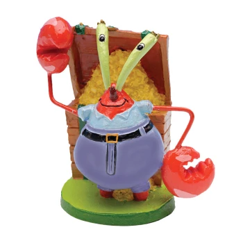 Penn-PlaxMr. Krabs 5cm Eine bunte Cartoon-Krebsfigur in einem blauen Hemd und lila Hosen steht neben einer Schatzkiste, die mit Goldmünzen überquillt.