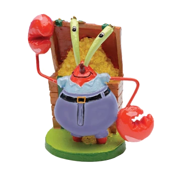 A colorful cartoon crab figurine in a blue shirt and purple pants stands by a treasure chest overflowing with gold coins.