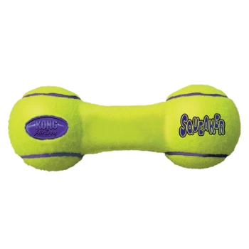 Helles grünes Hundespielzeug in Form einer Hantel mit lila Akzenten, mit dem Text "SQUEAKER" und dem Logo "KONG AirDog."