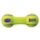 Helles grünes Hundespielzeug in Form einer Hantel mit lila Akzenten, mit dem Text "SQUEAKER" und dem Logo "KONG AirDog."