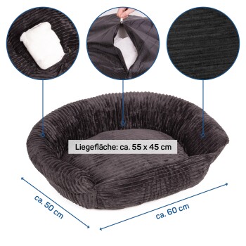 Haustierbett in Dunkelgrau mit gerippter Textur, mit einem abnehmbaren Kissen. Abmessungen: ca. 60 cm x 50 cm, Liegefläche 55 cm x 45 cm.