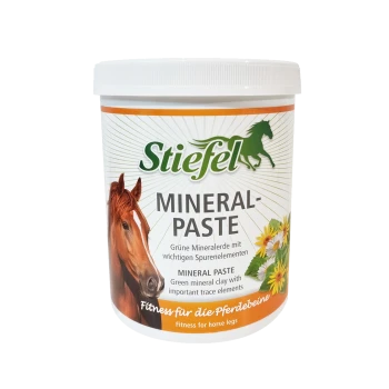 Behälter mit Stiefel Mineralpaste für Pferde, mit dem Gesicht eines Pferdes, mit Text, der die Vorteile und Inhaltsstoffe hervorhebt.