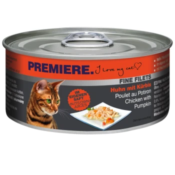 Cat food can featuring a tabby cat, labeled "Premiere" with "Huhn mit Kürbis" (Chicken with Pumpkin) in German.
