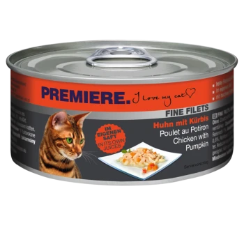 Cat food can featuring a tabby cat, labeled "Premiere" with "Huhn mit Kürbis" (Chicken with Pumpkin) in German.