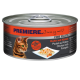 Boîte de nourriture pour chats avec un chat tigré, étiquetée "Premiere" avec "Huhn mit Kürbis" (Poulet avec Citrouille) en allemand.