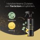Insektenschutzspray für Pferde mit der Aufschrift "Pferdegold", mit Eukalyptus- und Zitronenölen, auf einem schwarzen Hintergrund mit goldenen Akzenten.